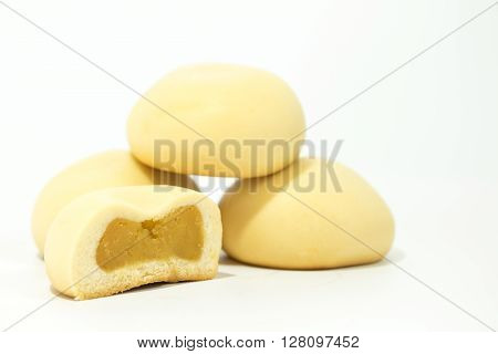 salted egg filling mochi isolated on white background