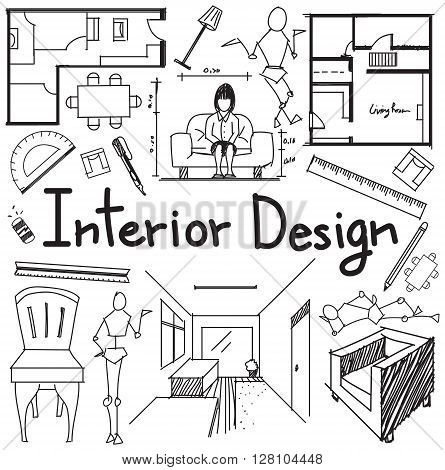 Interior design and building blueprint profession and education handwriting doodle tool sign and symbol in white isolated background paper for subject or presentation title create by vector