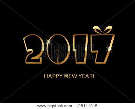 Vector illustration Happy New Year 2017 on a dark black background gold gloss and tsyfry in retro style with a gift bow