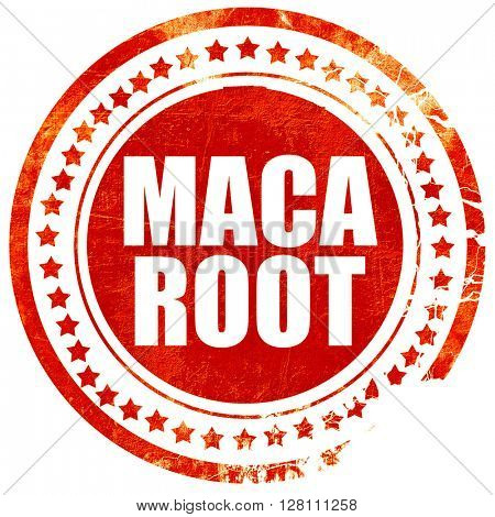 maca root, red grunge stamp on solid background