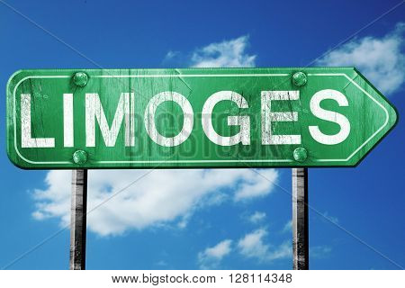 limoges road sign, 3D rendering, vintage green with clouds backg