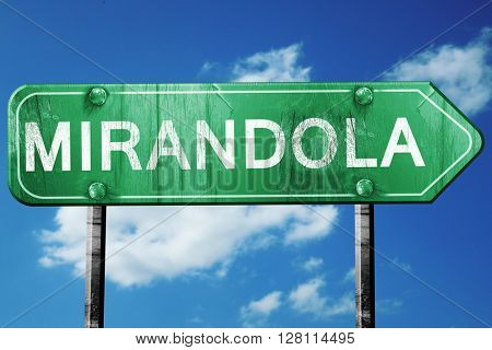 Mirandola road sign, 3D rendering, vintage green with clouds bac