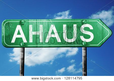 Ahaus road sign, 3D rendering, vintage green with clouds backgro