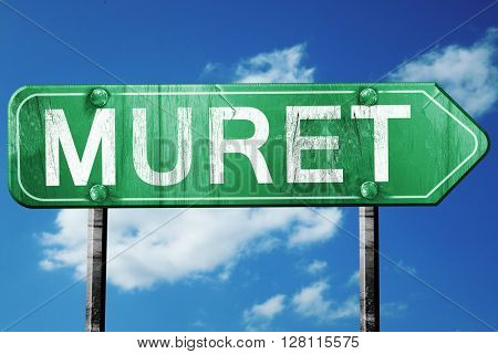muret road sign, 3D rendering, vintage green with clouds backgro