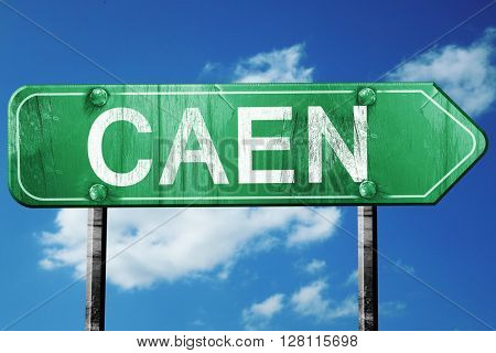 caen road sign, 3D rendering, vintage green with clouds backgrou