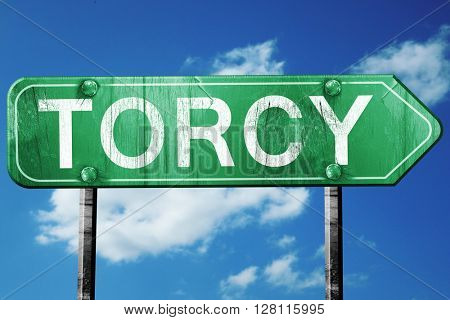 torcy road sign, 3D rendering, vintage green with clouds backgro