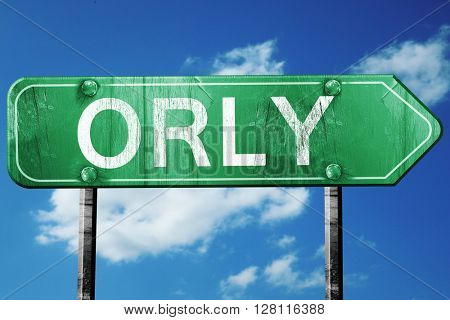 orly road sign, 3D rendering, vintage green with clouds backgrou