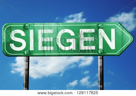 Siegen road sign, 3D rendering, vintage green with clouds backgr