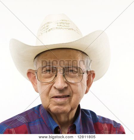 Porträt von Lüneburg älterer Mann tragen, karierten Hemd und Cowboy-Hut.