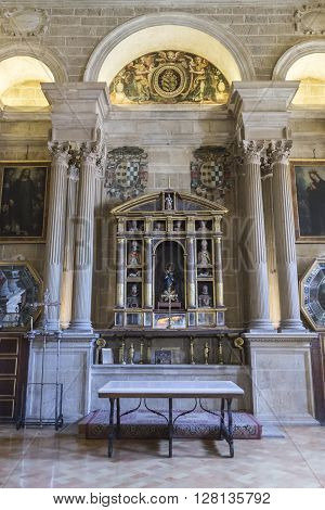 JAEN SPAIN - may 2016 2: The sacristy is a rectangular space of 12 by 22 meters, Raised on sixteen columns, is one of the most important works of the Andalusian Renaissance, Jaen, Spain