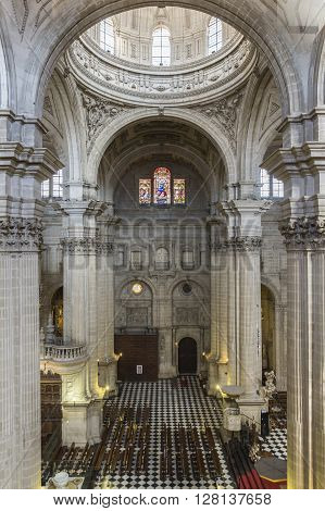 Jaen, Spain - may 2 2016: Vault center of the main nave that covers the choir in the Cathedral of Jaen, works of Andres de Vandelvira, influence that he exercised in many churches built in America in the second half of the XVI century, Spain