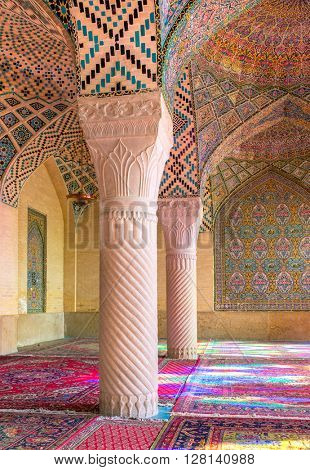 Shiraz, Iran - December 27, 2015: Nasir Al-Mulk Mosque in Shiraz, Iran, also known as Pink Mosque