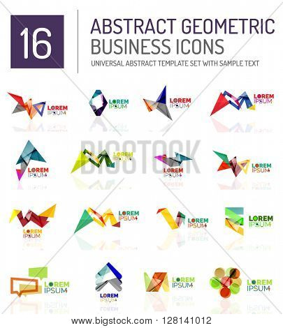 Abstract geometric business logo icon set. Colorful geometrical figure compositions with light effects - triangles circles rings arrows lines