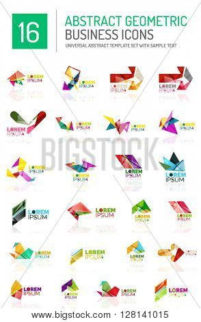 Abstract geometric business logo icon set. Colorful geometrical figure compositions with light effects - triangles circles rings arrows lines