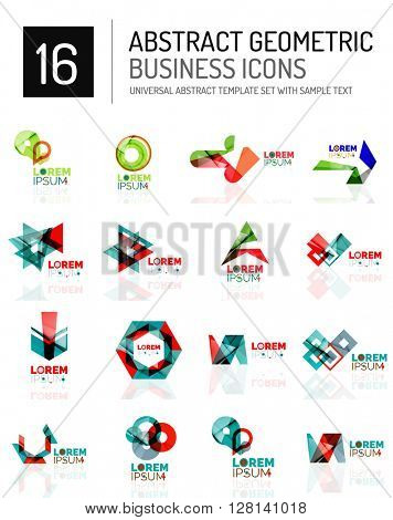 Abstract geometric business logo icon set. Colorful geometrical figure compositions with light effects - triangles circles rings arrows lines
