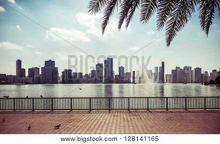 View of corniche and skyline of  Sharjah, UAE.