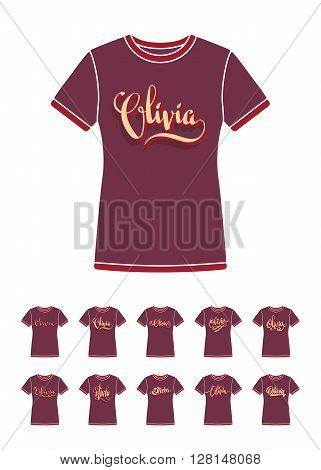 Personal name Olivia. Vector handwritten calligraphy T-Shirt design set