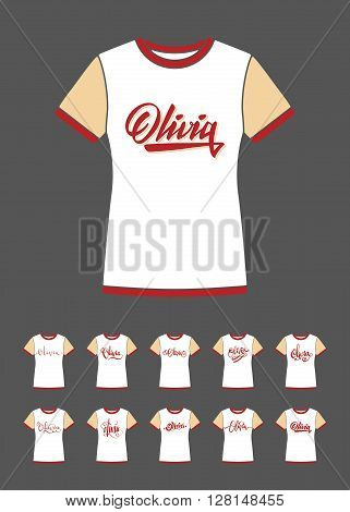 Personal name Olivia. Vector handwritten calligraphy T-Shirt design set