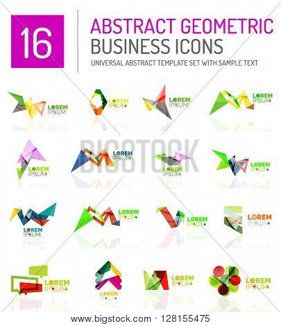 Abstract geometric business logo icon set. Colorful geometrical figure compositions with light effects - triangles circles rings arrows lines