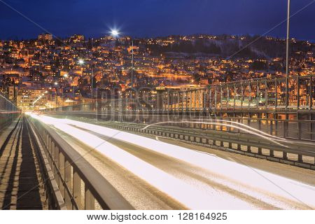 Highway Tromso Bridge to City at dusk, Troms Norway