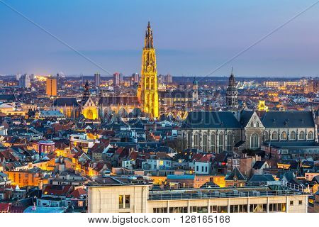 Antwerp cityscape with cathedral of Our Lady, Antwerpen Belgium at dusk
