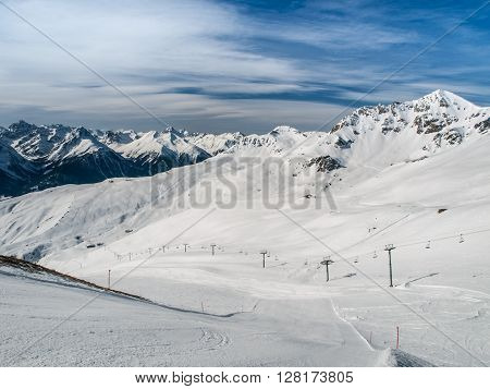 Alpine ski resort Scuol in Swiss Alps, Graubunden, Switzerland