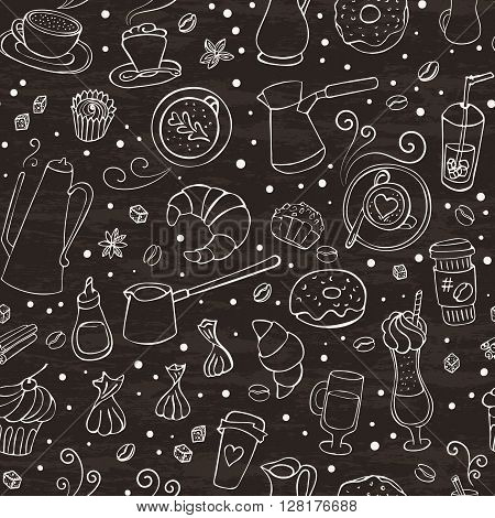 Seamless vector illustration with coffee, spices, sweers and bakery.