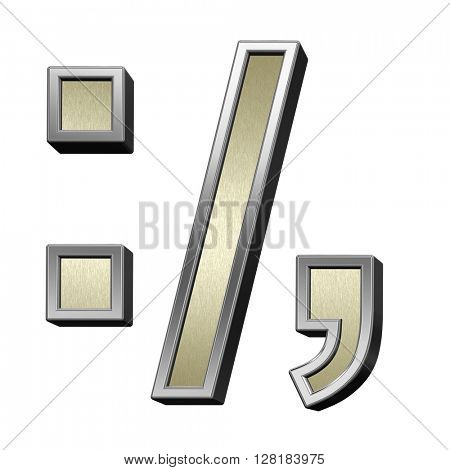 Colon, semicolon, period, comma from brushed gold with shiny silver frame alphabet set, isolated on white. 3D illustration.