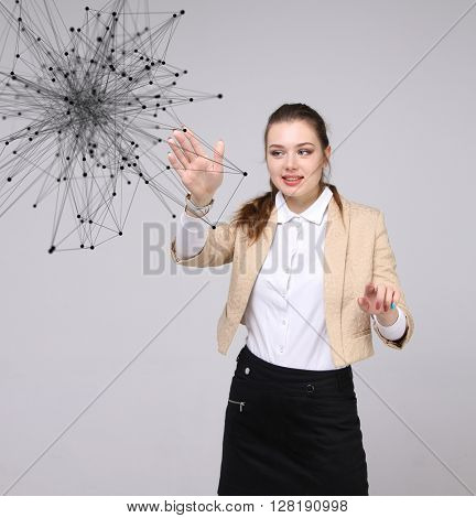 Global network connection concept, woman working with futuristic computer interface.