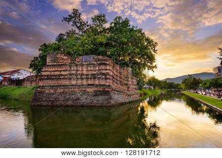 Chiang Mai, Thailand old city ancient wall and moat.