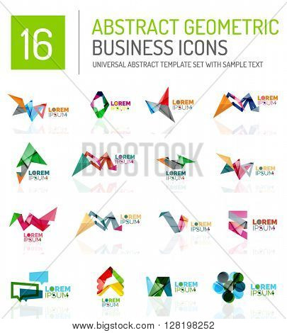 Abstract geometric business logo icon set. Colorful geometrical figure compositions with light effects - triangles circles rings arrows lines