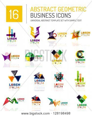 Abstract geometric business logo icon set. Colorful geometrical figure compositions with light effects - triangles circles rings arrows lines