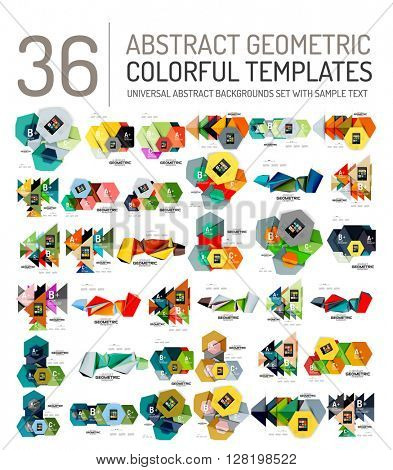 Collection of abstract backgrounds - colorful textured glossy geometric shape compositions with infographics option sample text, repetition of elements. Colorful geometric universal template, bright