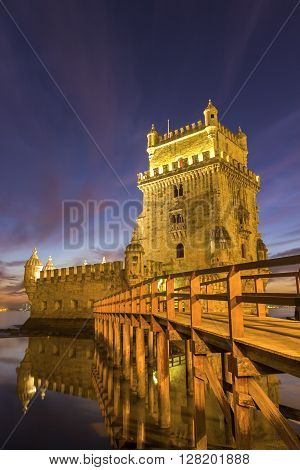 The iconic facade of the Tower of Belem on the bank of the Tagus River
