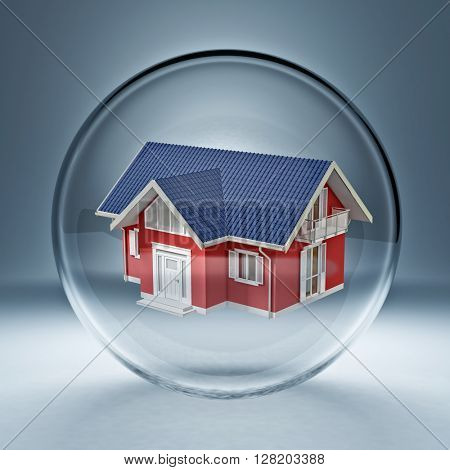 3d image of classic house in a glass bubble
