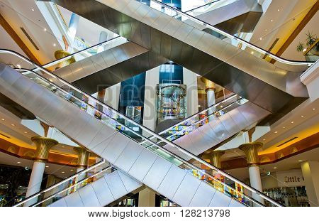 Dubai U.A.E. - February 18 2007: The escalators of the Wafy City Mall