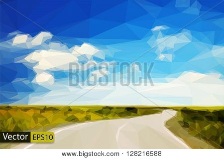 Vector low poly country road in the fields