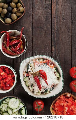 Shopska salad with cheese and vegetables, classic of bulgarian and balkans cuisine