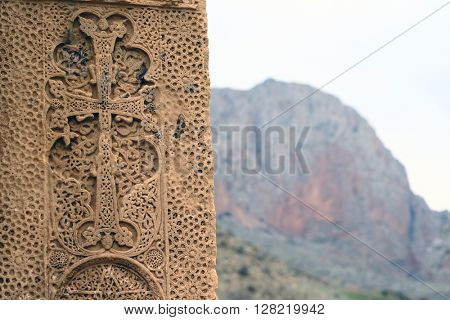 Sacred place at Ancient monastery Noravank in the mountains in Amaghu valley, Armenia. Was founded in 1205. 