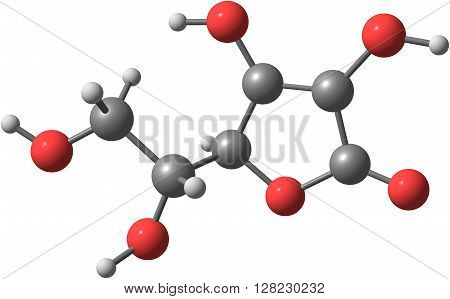 Structural model of Ascorbic Acid known as Vitamin C. Isolated on white background. 3d illustration