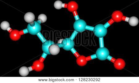 Structural model of Ascorbic Acid known as Vitamin C. Isolated on black background. 3d illustration