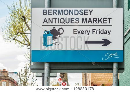London United Kingdom - April 30 2016: Bermondsey Antiques Market sign. Market is on every Friday