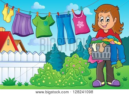 Woman with laundry outdoor - eps10 vector illustration.