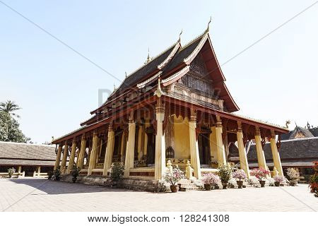 Wat Si Saket Buddish temple in Vientiane Laos with blue sky