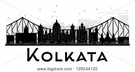 Kolkata City skyline black and white silhouette. Simple flat concept for tourism presentation, banner, placard or web site. Business travel concept. Cityscape with landmarks