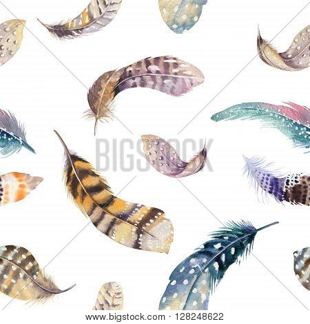 Feathers repeating pattern. Watercolor background with seamless illustration. Watercolour color organic design. Seamless boho texture with hand drawn feathers. Bright colors.