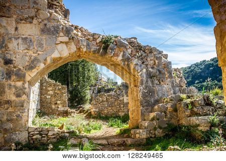 The ruins of the Montfort Castle in the mountainous area of the Upper Galilee Israel