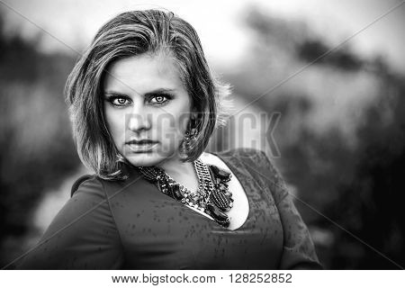 Portrait Photo Of Pretty Woman In Blue Dress