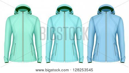 Softshell hooded jacket for lady. Fully editable handmade mesh. Vector illustration.