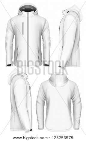 Men's softshell jacket with hood (front view, back and side views). Fully editable handmade mesh. Vector illustration.